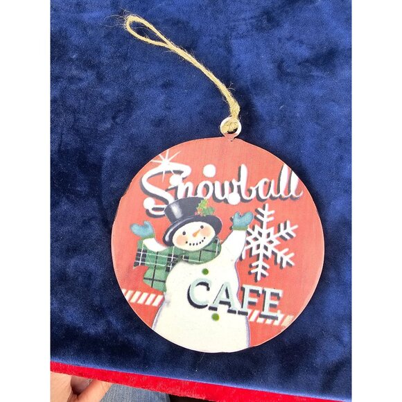 Metal Sign round Snowball Cafe Snowman approx 6 inches ornament - Picture 5 of 6